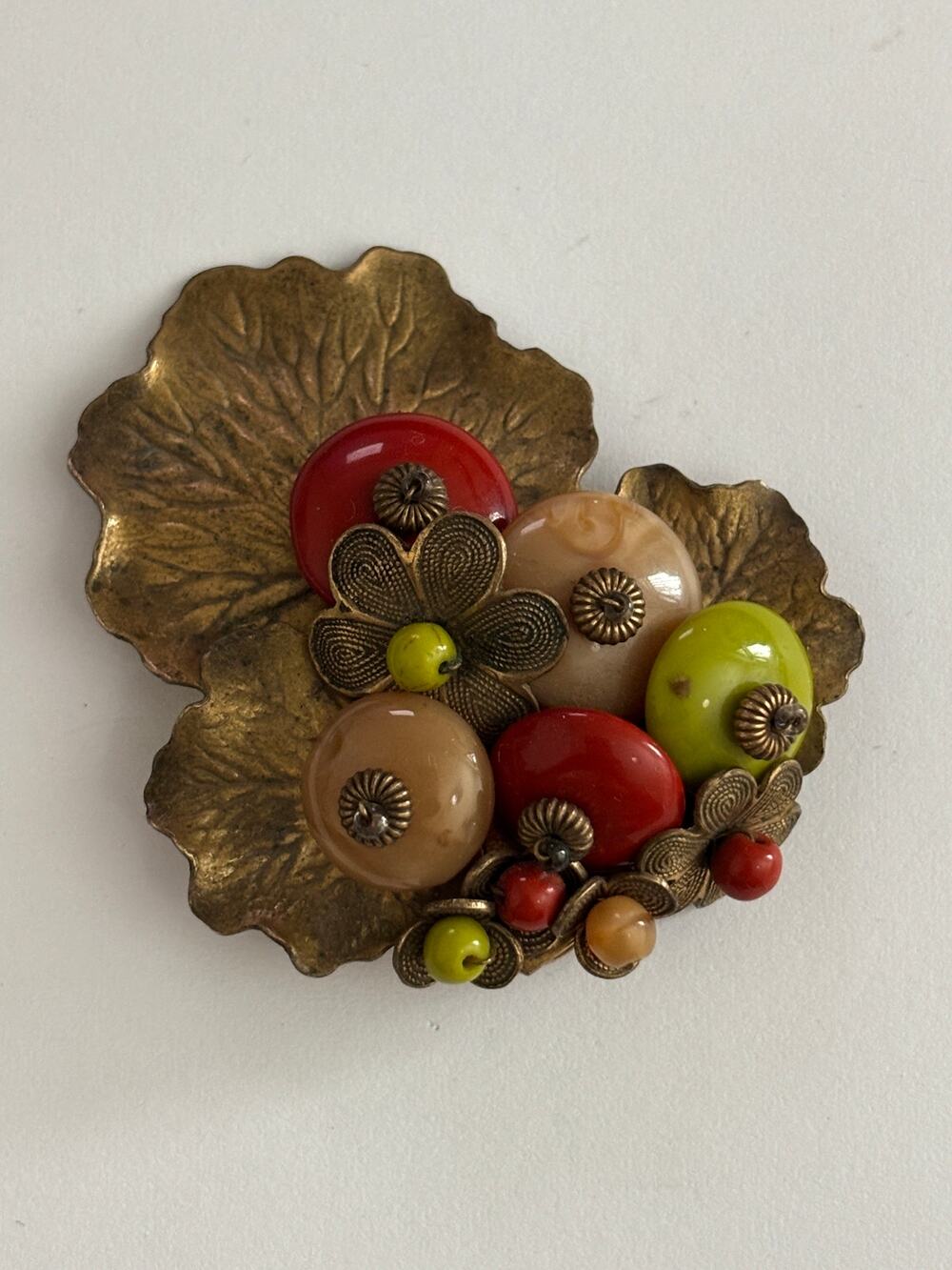 MIRIAM HASKELL by Frank Hess Dress Clip gold tone lily pads earth tone beads